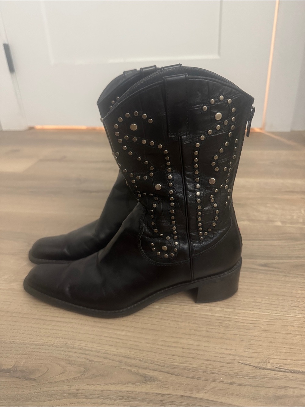 Stuart Weitzman Black Studded Mid-Calf Leather Cowboy Boots